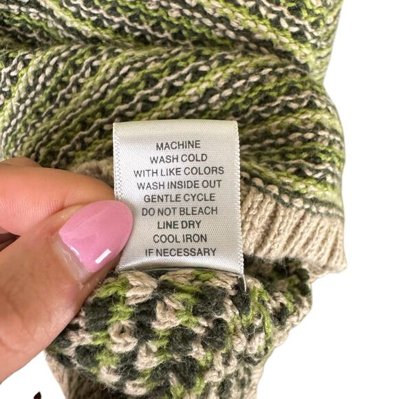 Christopher & Banks Retro Green & Tan Chunky Knit Cotton V-neck Pullover Sweater - Picture 12 of 13